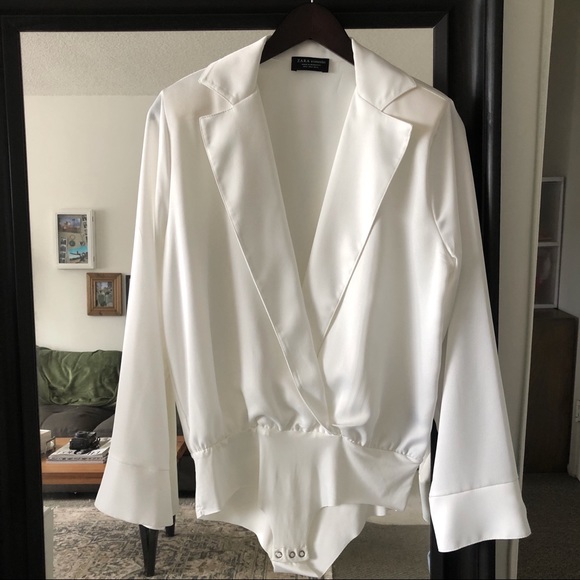 Zara Other - Zara Ivory Bodysuit Blouse With Lapel Collar